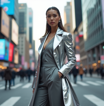 Femme en manteau futuriste argenté en ville