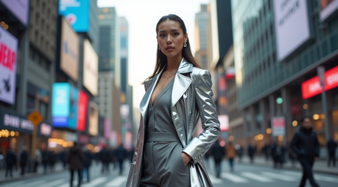 Femme en manteau futuriste argenté en ville