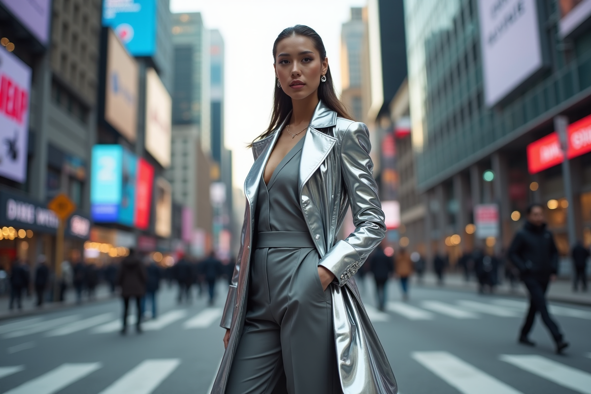 Femme en manteau futuriste argenté en ville