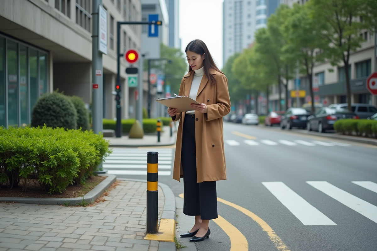 Jeune femme examinant un marqueur de limite en ville