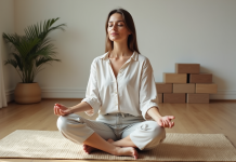 Femme méditant en intérieur calme et minimaliste