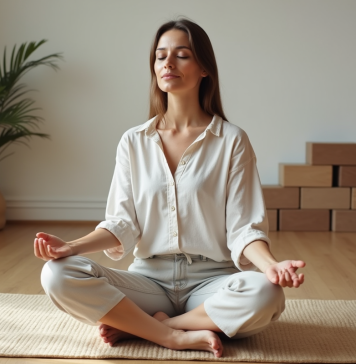 Femme méditant en intérieur calme et minimaliste