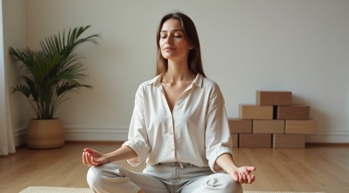 Femme méditant en intérieur calme et minimaliste