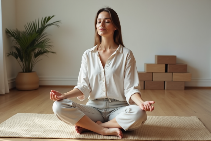 femme-meditation-dinterieur Femme méditant en intérieur calme et minimaliste