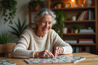 Femme concentrée créant une mosaïque colorée dans un salon chaleureux