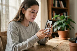Jeune femme examinant sa photo de profil WhatsApp sur son smartphone dans un bureau à domicile chaleureux