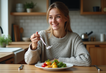 Faim : quel niveau idéal pour manger sans excès ? Jeune femme souriante mangeant un repas sain à la maison