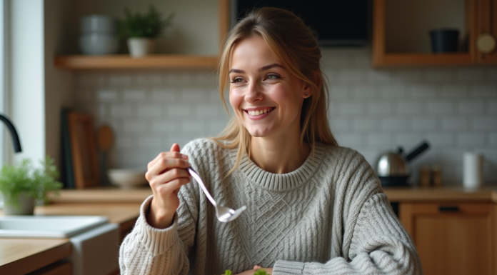 Jeune femme souriante mangeant un repas sain à la maison
