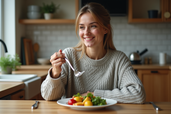 femme-repas-saine-domicile Jeune femme souriante mangeant un repas sain à la maison