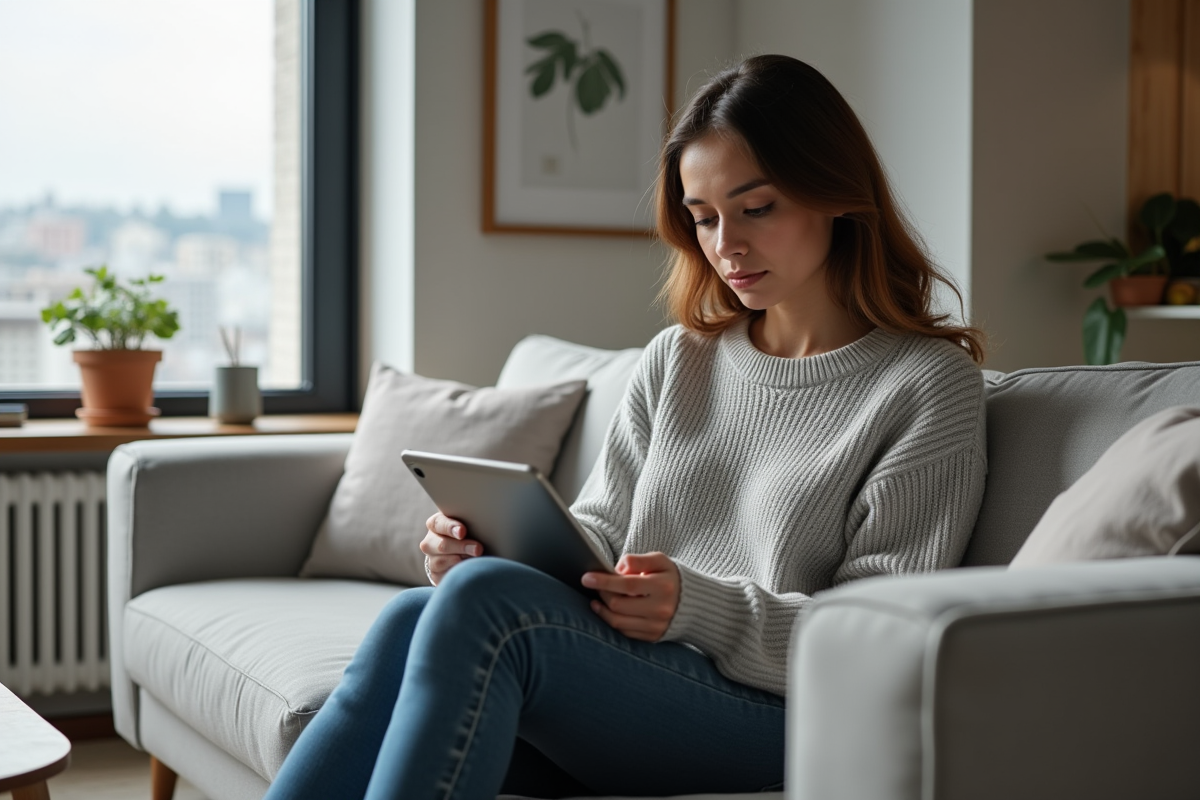 Femme assise sur un canapé avec une tablette dans un intérieur cosy