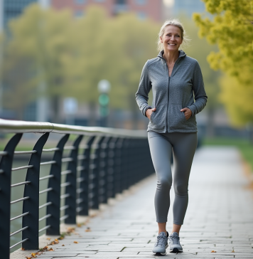 Marcher à 5 km/h : bienfaits pour la santé et impact sur votre forme ! Femme d'âge moyen marchant calmement au bord de l'eau