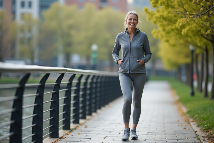 Femme d'âge moyen marchant calmement au bord de l'eau