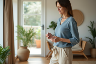 Femme en détente vaporisant de la sauge dans un salon apaisant