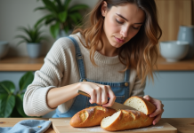 Baguette et calories : l’impact sur votre régime alimentaire Jeune femme coupe une baguette dans une cuisine moderne