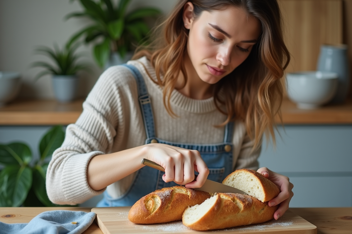 Jeune femme coupe une baguette dans une cuisine moderne