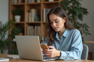 Jeune femme concentrée travaillant sur son ordinateur portable