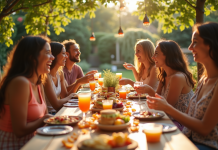 Fête dans un jardin coloré avec amis et buffet simple