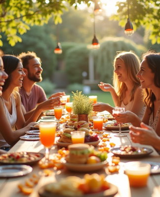 Fête dans un jardin coloré avec amis et buffet simple