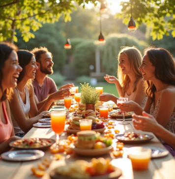 Fête dans un jardin coloré avec amis et buffet simple