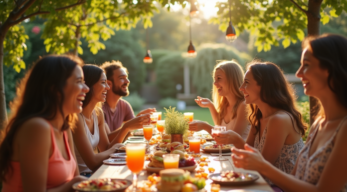 Fête dans un jardin coloré avec amis et buffet simple