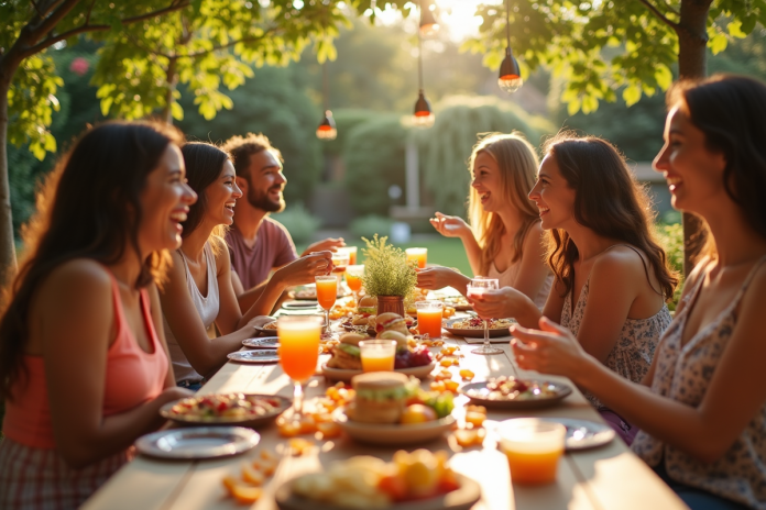Fête dans un jardin coloré avec amis et buffet simple