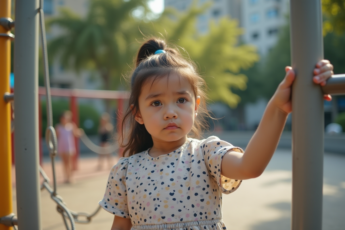 Fille de 9 ans dans une aire de jeux urbaine