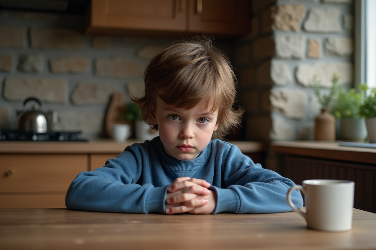 Garçon de 8 ans pensif assis à la table de cuisine