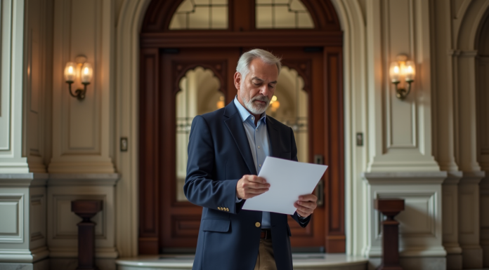 Gestionnaire immobilier examine des documents dans un hall historique