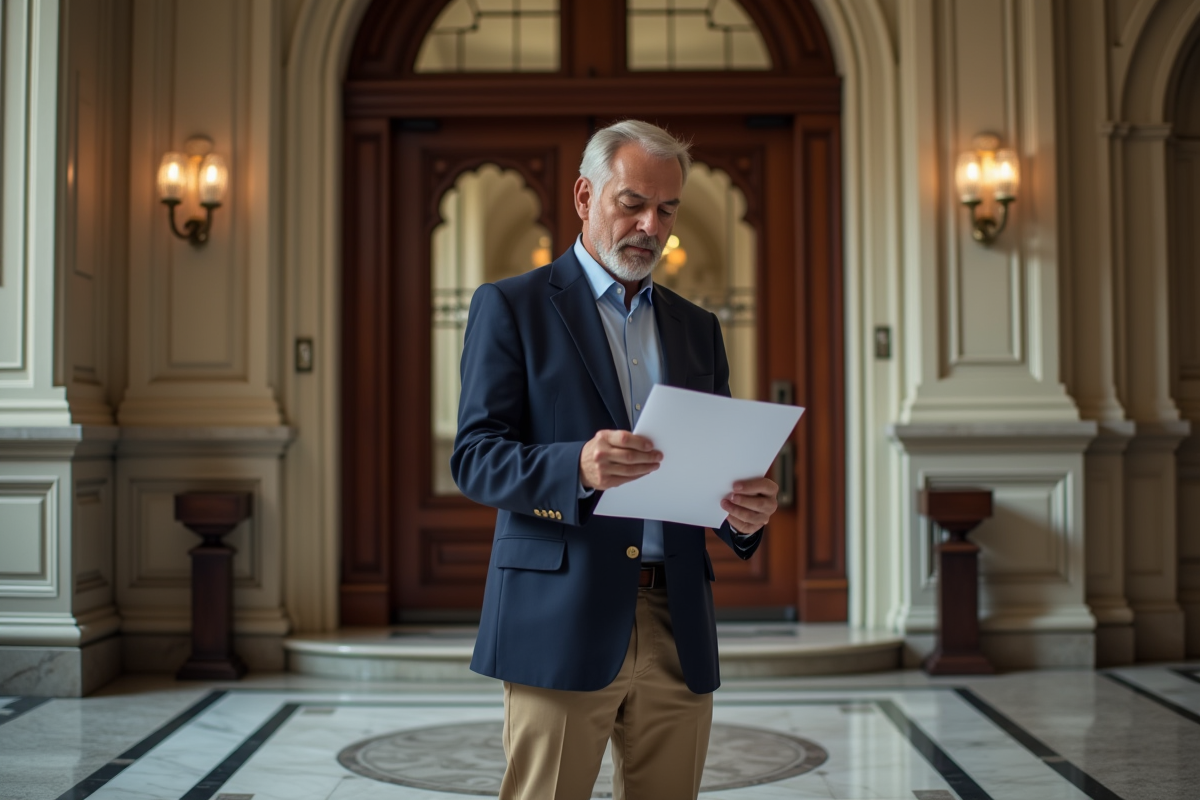 Gestionnaire immobilier examine des documents dans un hall historique
