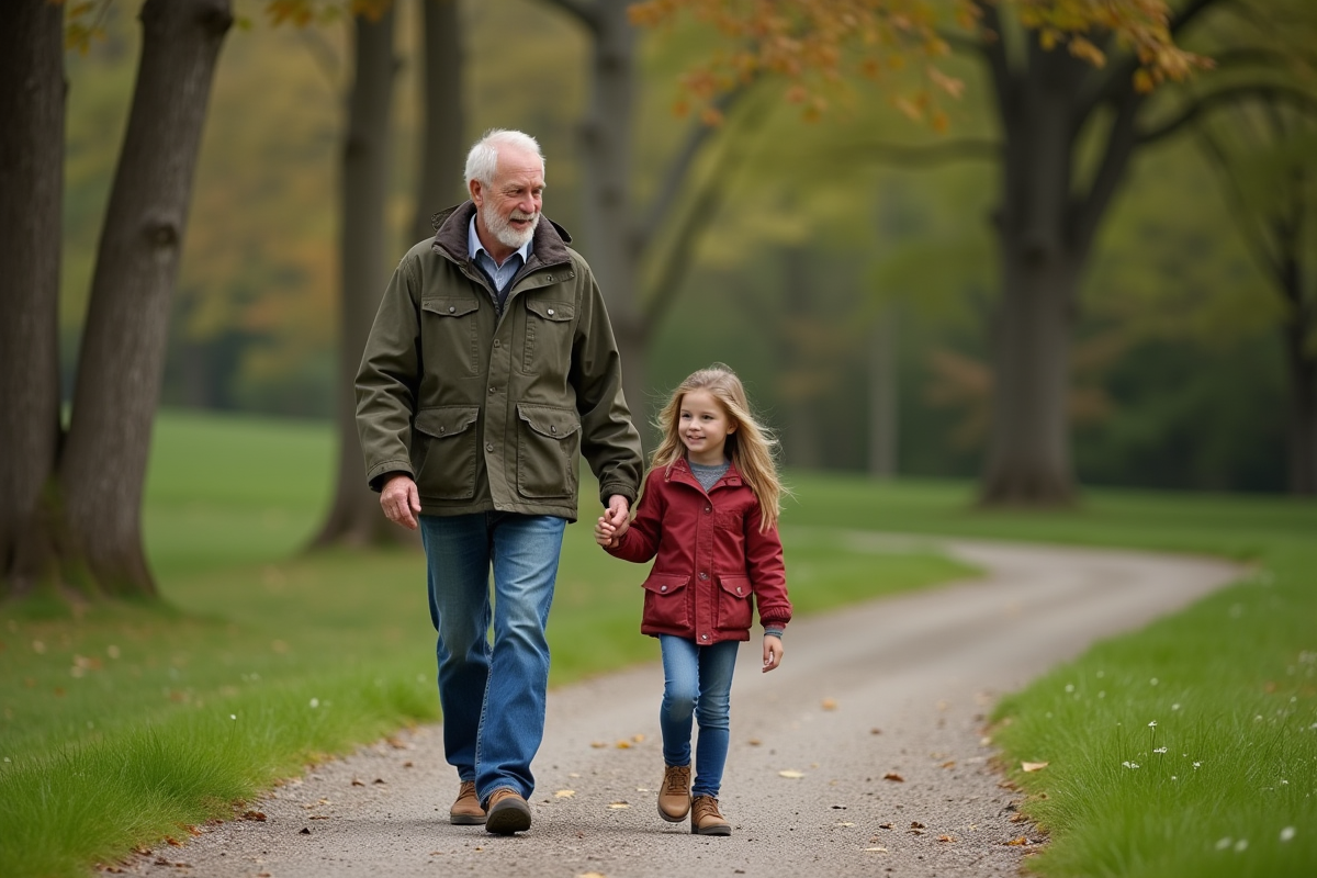 Grand-père et petite-fille marchant dans un parc verdoyant