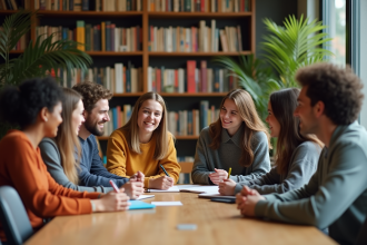 Groupe de personnes diverses autour d'une table en bibliothèque