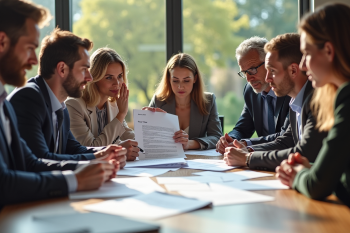 groupe-de-personnes-contrat-risques Groupe de personnes autour d'un contrat risques partagé