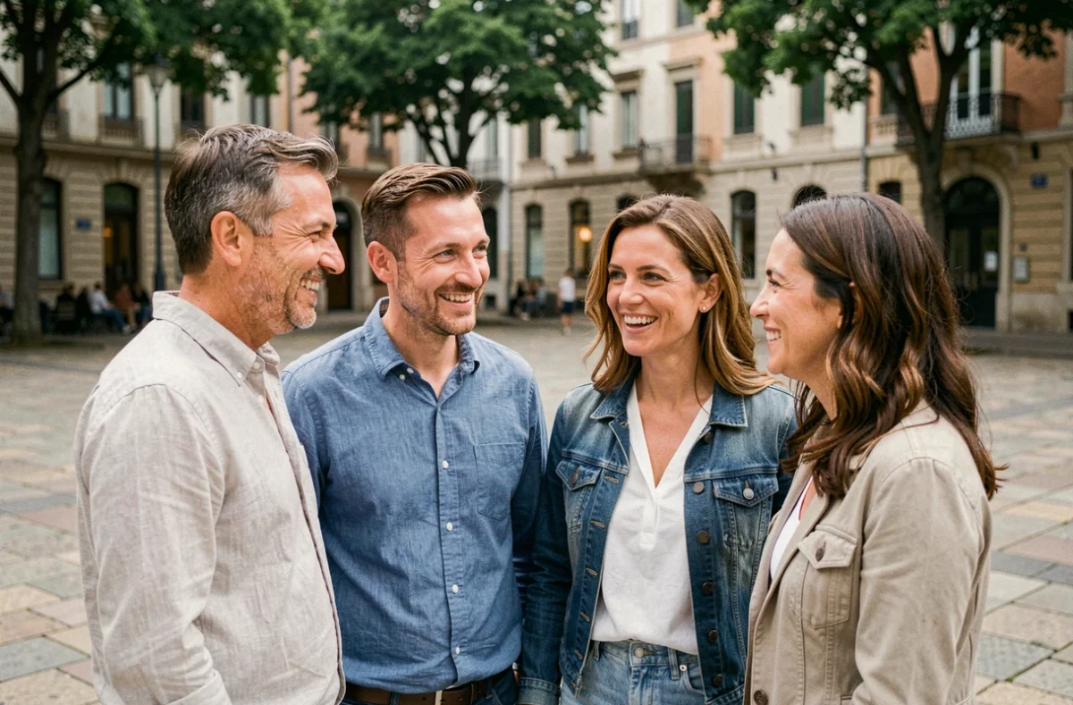 Groupe d'adultes aux couleurs d'yeux variées en extérieur, illustrant la diversité génétique de la couleur des yeux dans la population mondiale