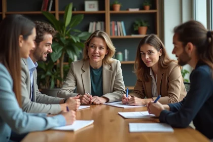 Groupe de professionnels en réunion discussion sérieuse