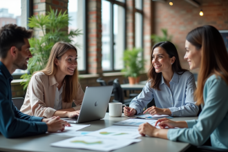 Groupe diversifié de quatre adultes en réunion de travail