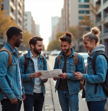 Groupe d'adultes en voyage discutant près d'une voiture en ville