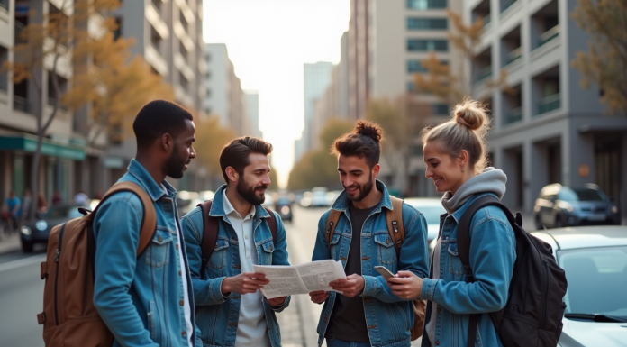 Groupe d'adultes en voyage discutant près d'une voiture en ville