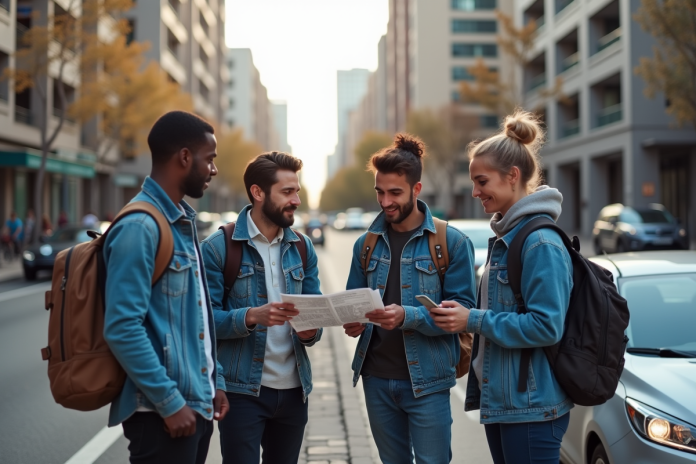 groupe-voyageurs-urbain Groupe d'adultes en voyage discutant près d'une voiture en ville