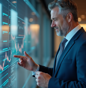 Homme d'affaires en costume bleu analysant des graphiques financiers