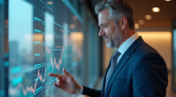 Homme d'affaires en costume bleu analysant des graphiques financiers