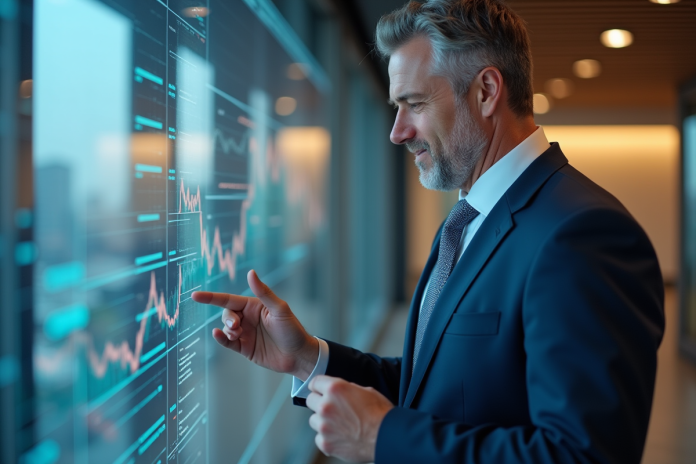 homme-affaires-graphes-numeriques Homme d'affaires en costume bleu analysant des graphiques financiers