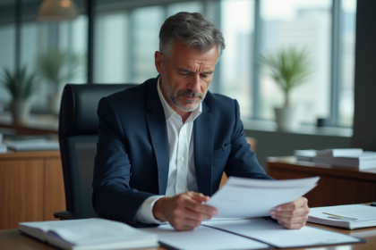 Homme d'affaires en costume lisant un dossier dans un bureau moderne