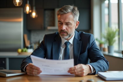 Homme d'affaires en costume examine ses relevés bancaires