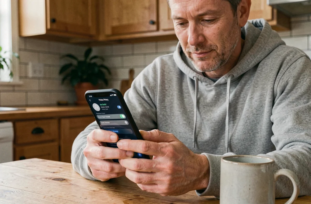 Homme gérant les paramètres de confidentialité de ses données personnelles sur son smartphone depuis son domicile