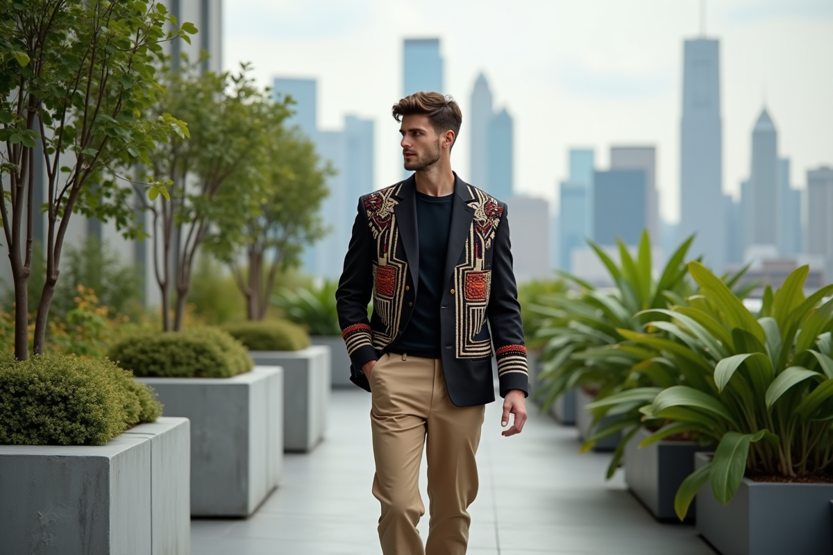 Homme en veste asymetrique dans un jardin urbain