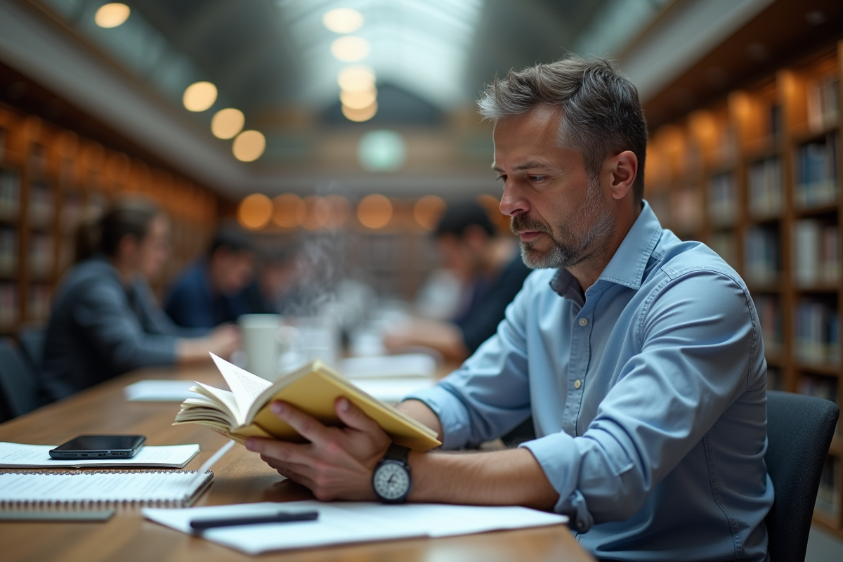 Homme étudiant lisant un livre de cybersécurité à la bibliothèque