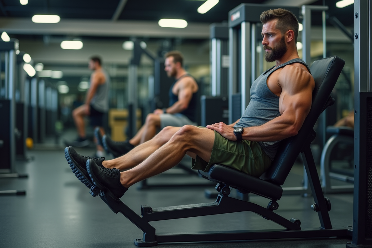 Homme musclé en pause sur leg press dans la salle de sport
