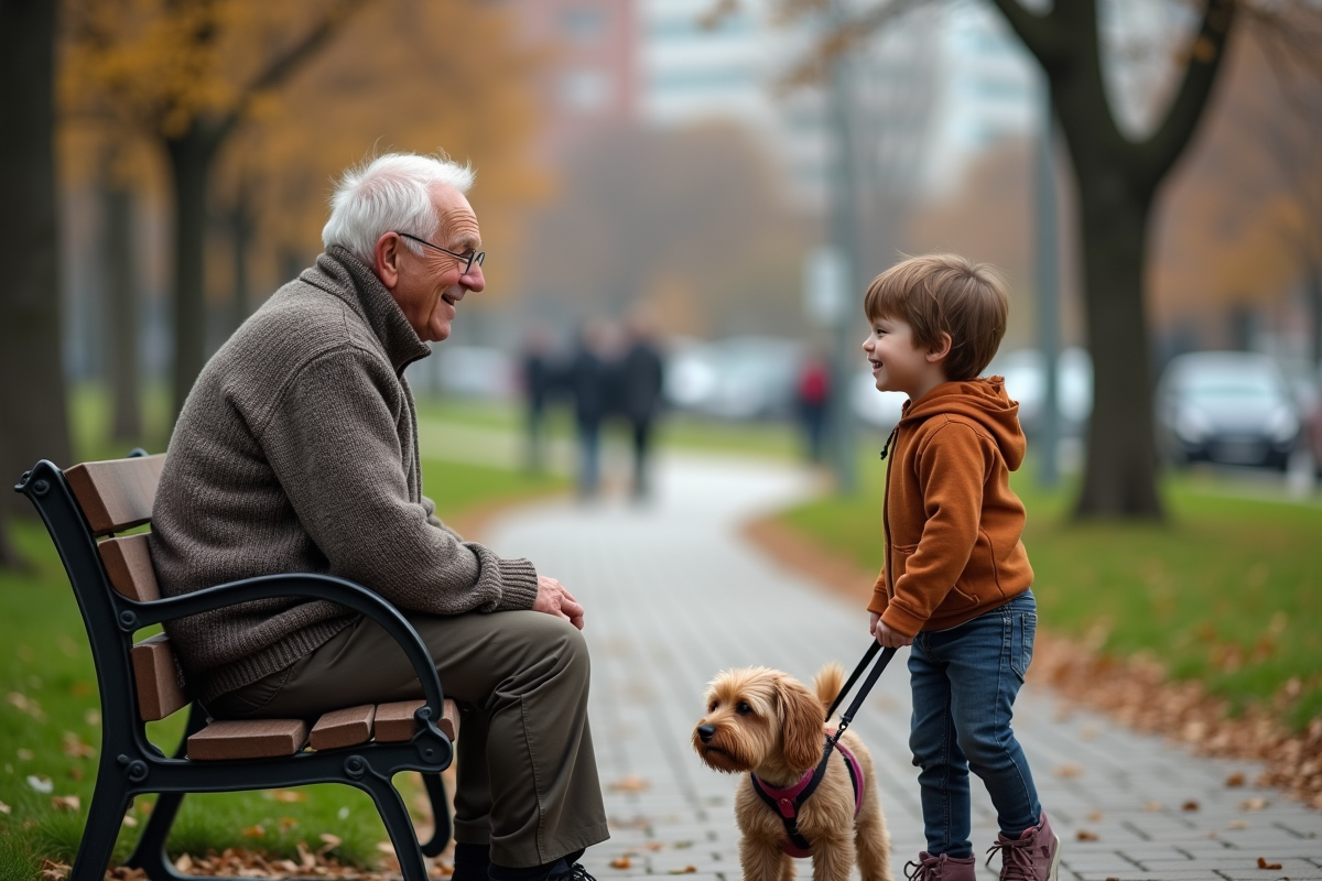 Homme âgé saluant un enfant avec un chien dans le parc