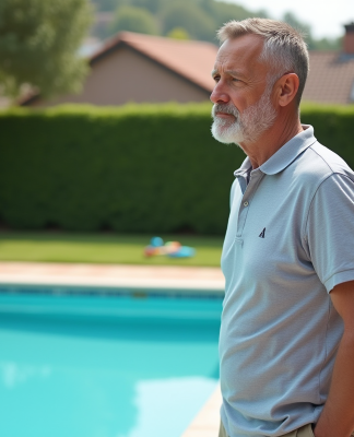 Homme d'âge moyen près d'une piscine privée en été