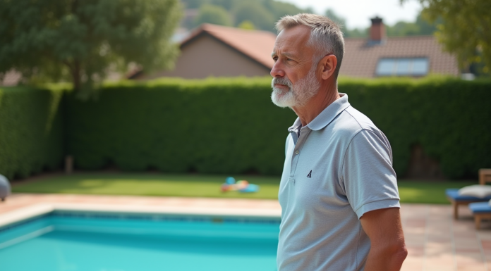 Homme d'âge moyen près d'une piscine privée en été